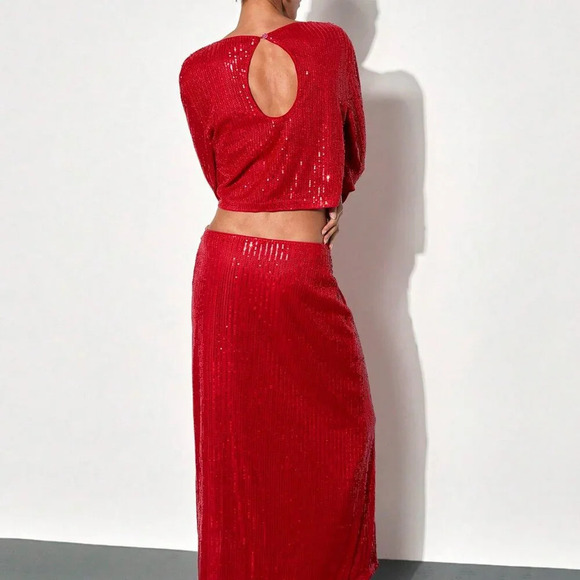 Red Party Women's Elegant Sparkling Sequin Side Slit Dress Set - Picture 3 of 6